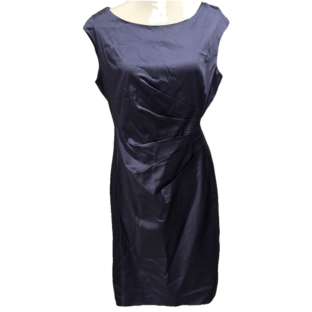 Lauren Ralph Lauren Cocktail Evening Dress Satin Feel Navy Sheath Womens Size 14